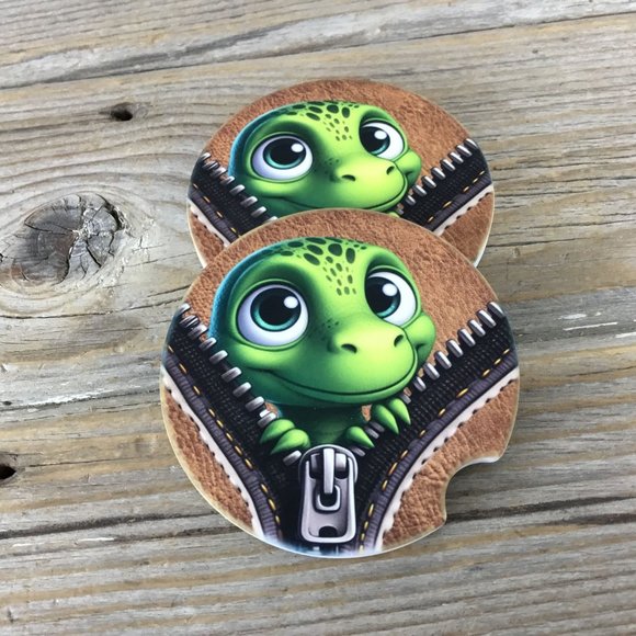 Dinosaur Baby Peek-a-Boo Zipper Car Coasters Set of 2 - Picture 1 of 6